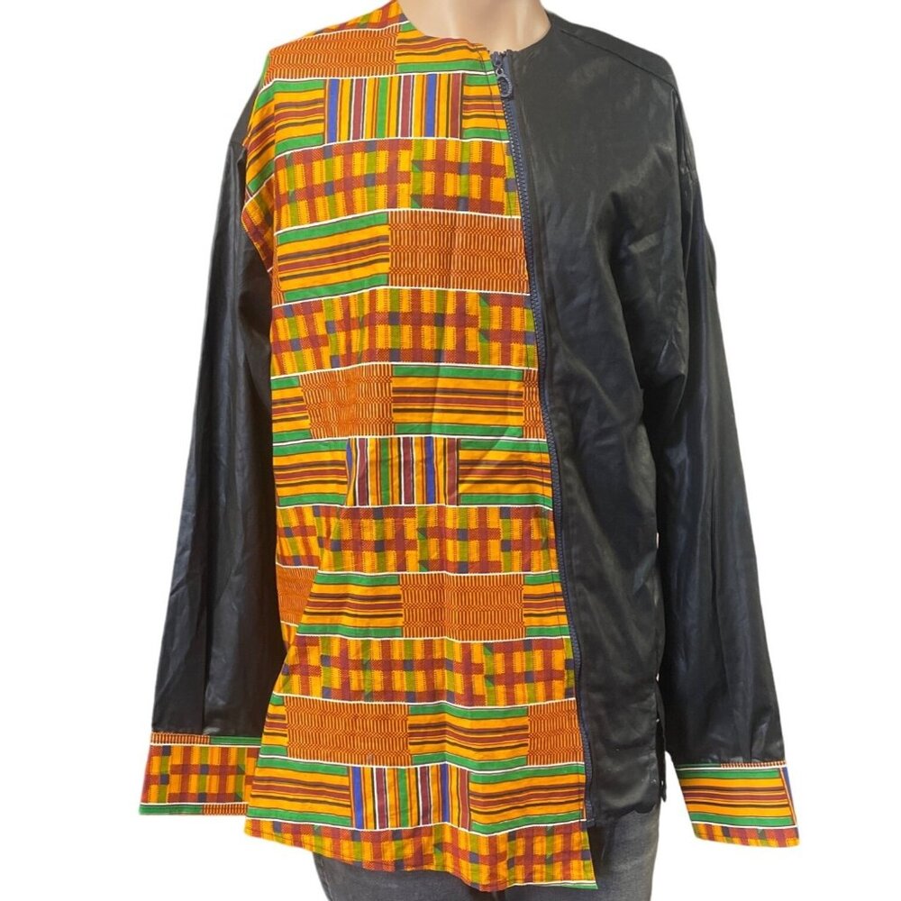 Marchal's Designs Men's Black and African Print Zipper up Shirt Size M SKU 3275